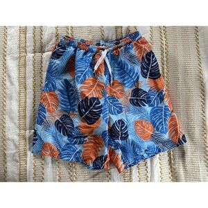 Shein Boys Tween Swim Trunks Blue Tropical Banana Leaf Print Size 13-14Y